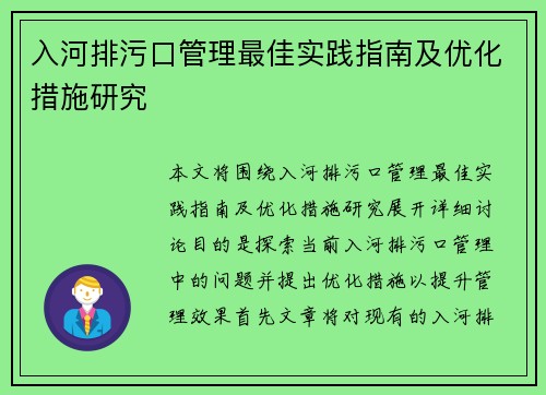 入河排污口管理最佳实践指南及优化措施研究