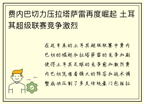 费内巴切力压拉塔萨雷再度崛起 土耳其超级联赛竞争激烈