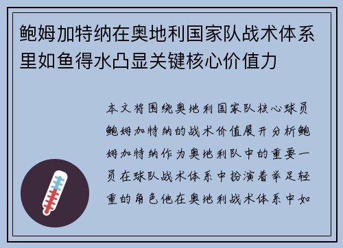 鲍姆加特纳在奥地利国家队战术体系里如鱼得水凸显关键核心价值力